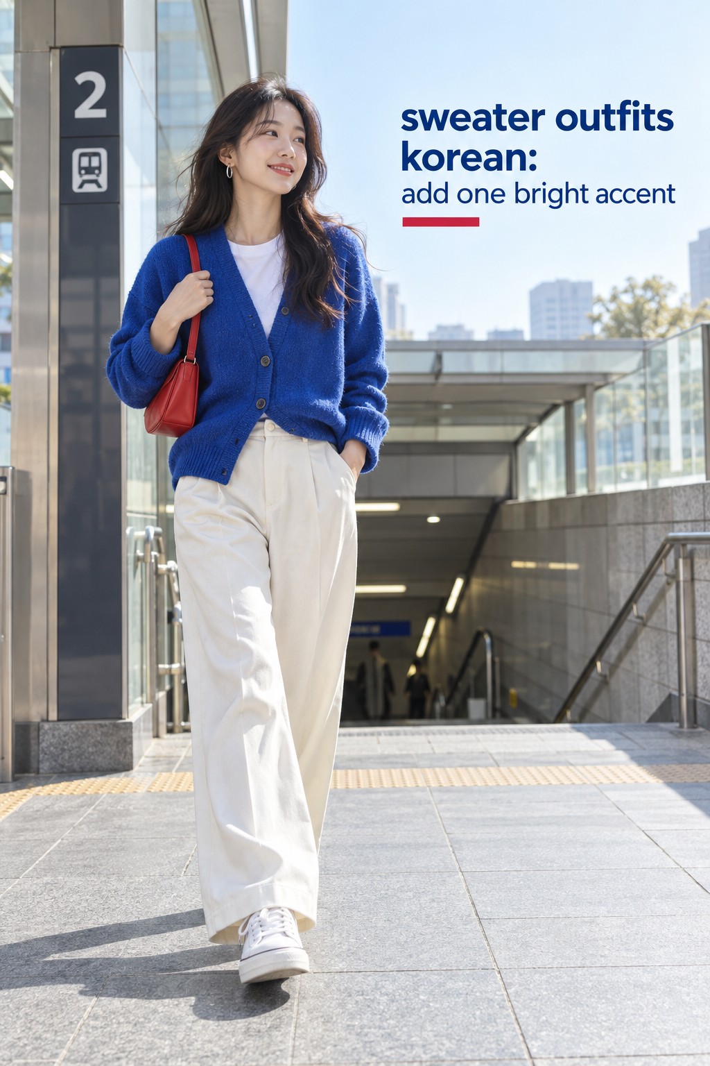 sweater outfits korean with cobalt cardigan, white tee, cream wide-leg trousers, sneakers, and red bag