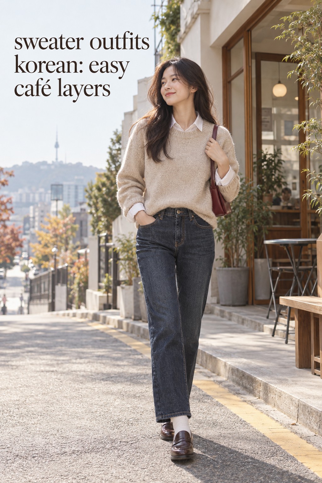 sweater outfits korean with oatmeal knit, shirt collar, straight denim, loafers, and burgundy bag