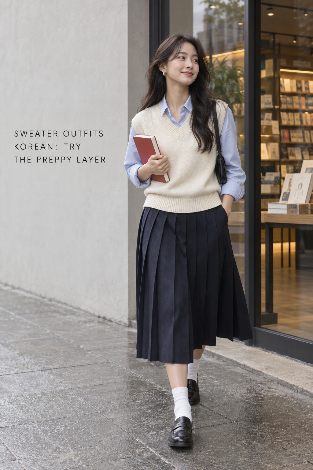 sweater outfits korean with cream sweater vest, blue shirt, navy pleated skirt, socks, loafers, and book