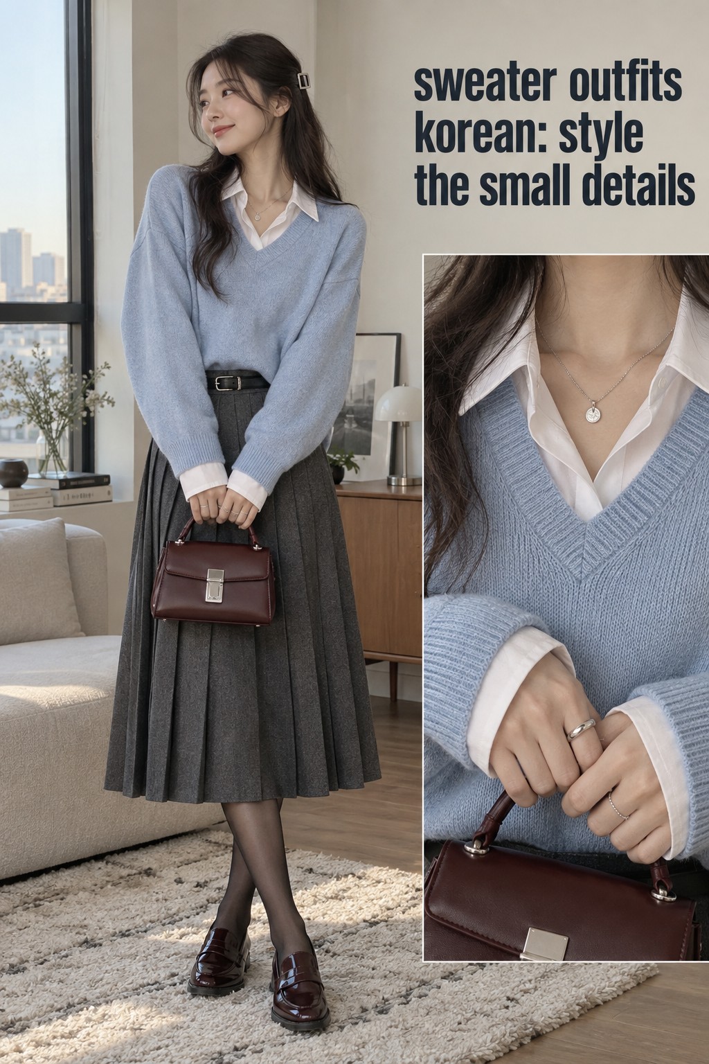 sweater outfits korean with soft blue V-neck, white collar, pleated skirt, loafers, bag, and jewelry details