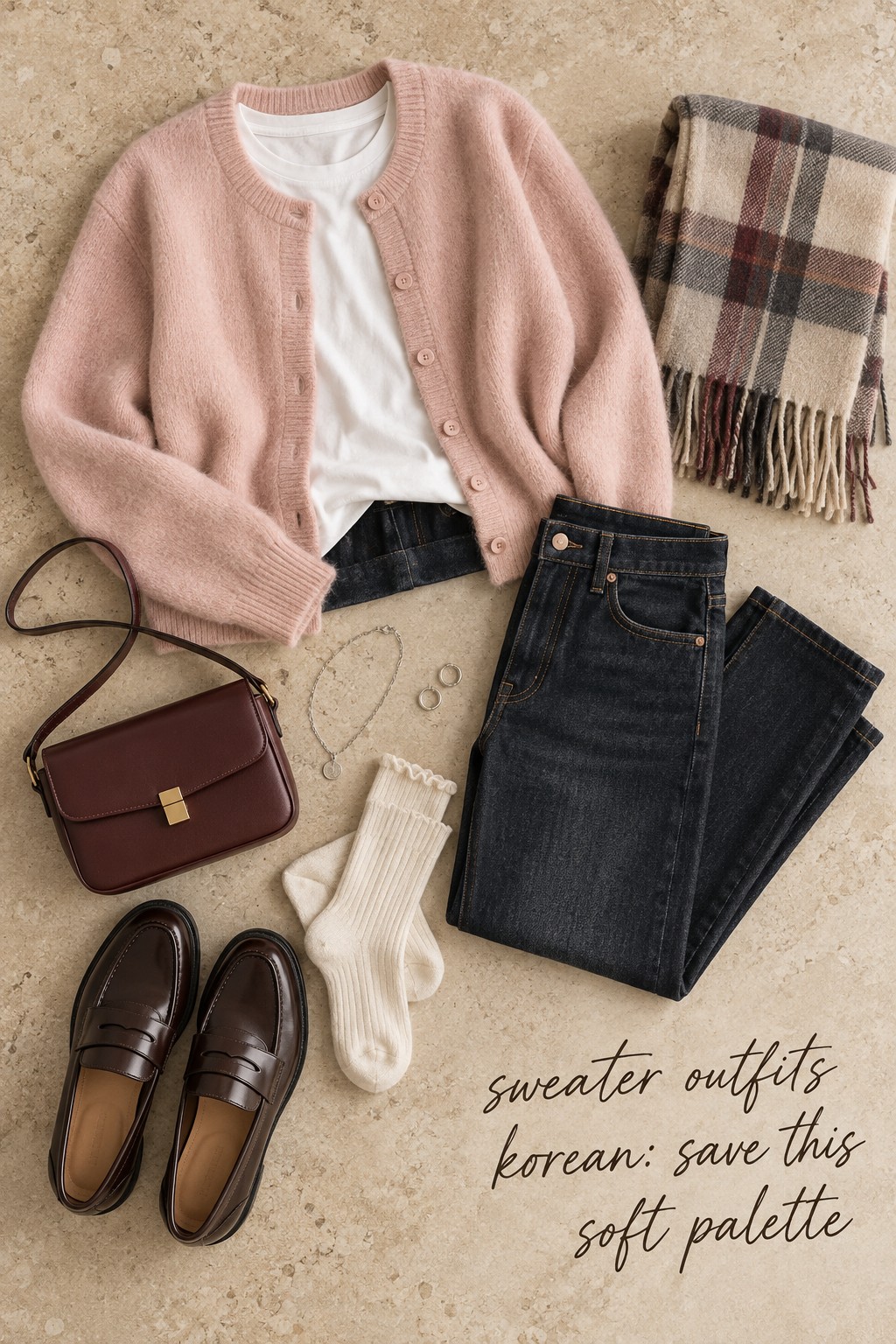 sweater outfits korean flat lay with blush cardigan, dark denim, loafers, scarf, and burgundy bag