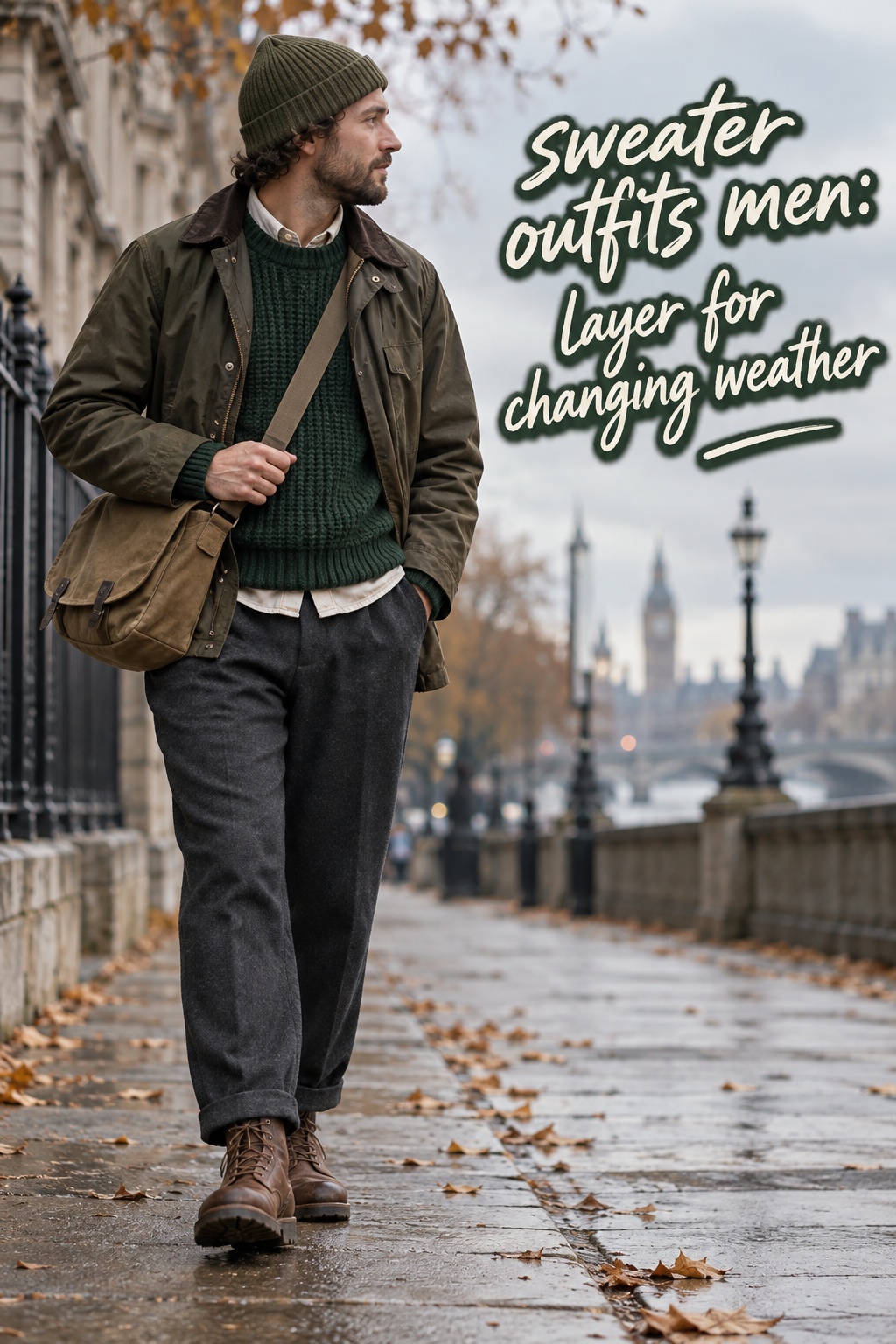 sweater outfits men: layer for changing weather