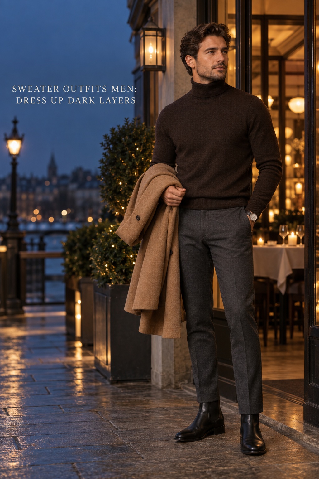 sweater outfits men: dress up dark layers