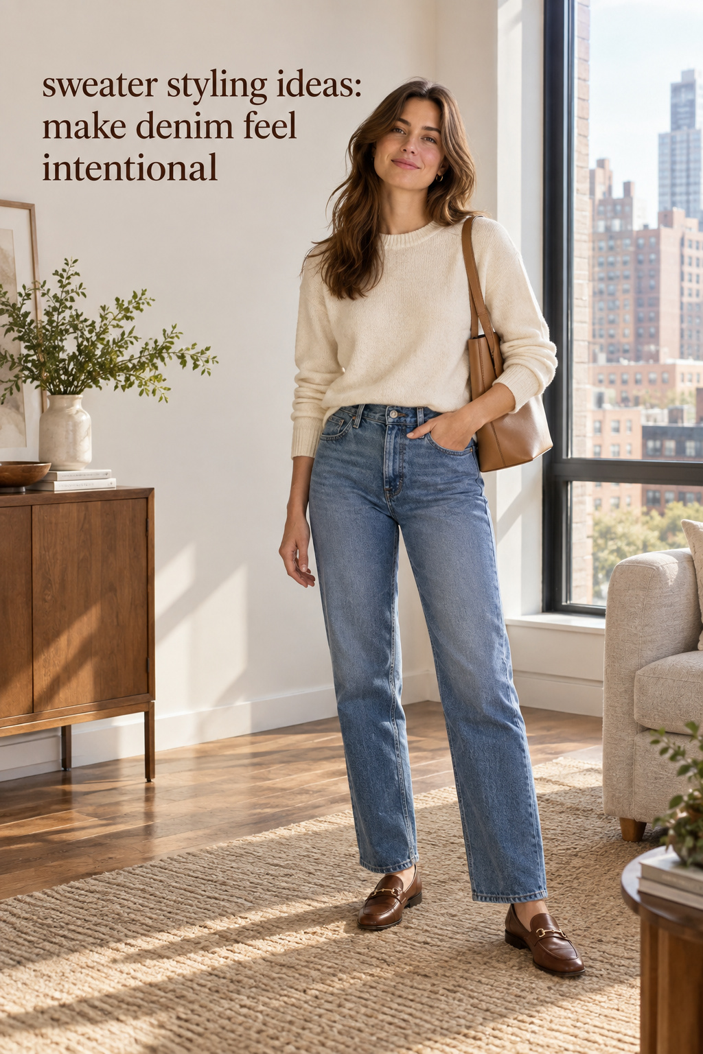 Sweater styling ideas with a cream knit, straight jeans, and loafers