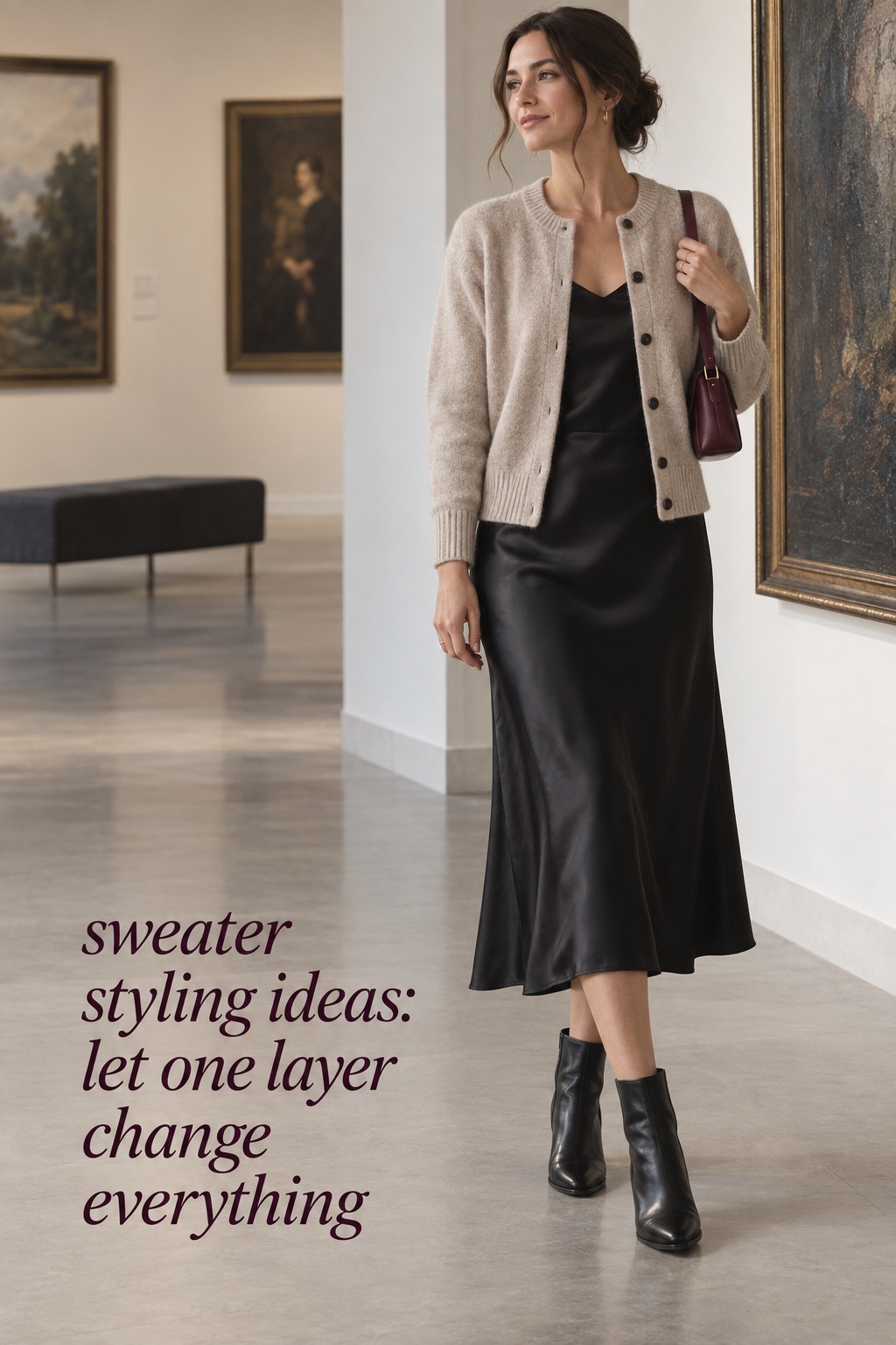 Sweater styling ideas with a soft cardigan over a midi dress and boots
