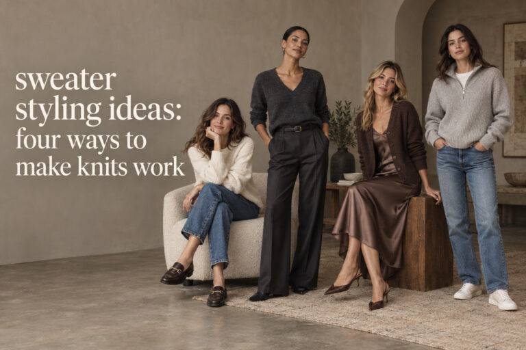 Sweater styling ideas shown in four coordinated outfit directions