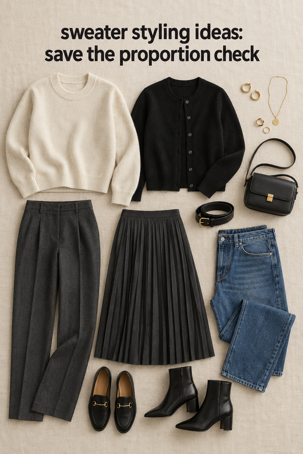 Sweater styling ideas flat lay with knit textures, trousers, skirt, and shoes