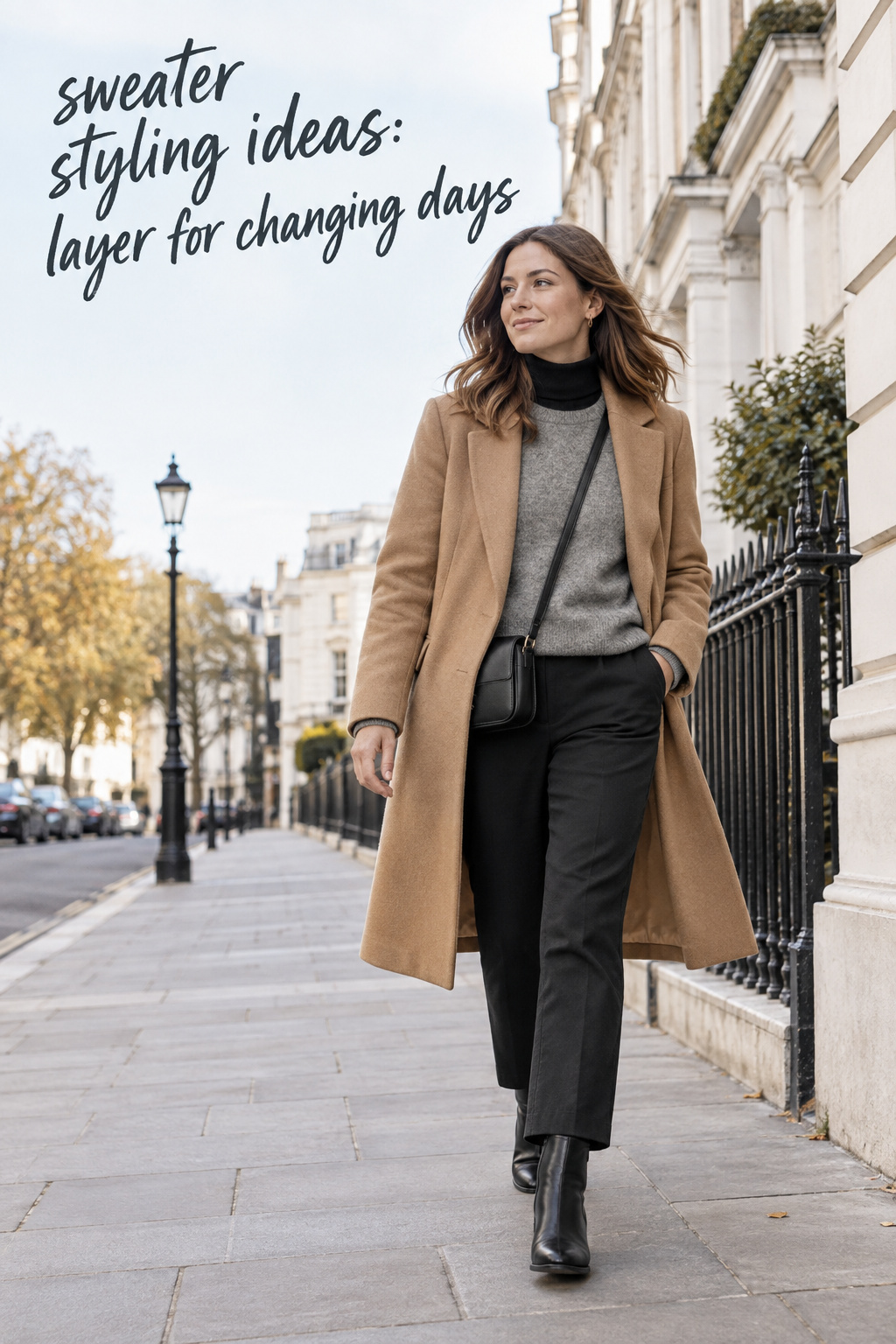 Sweater styling ideas layered outfit with a coat, trousers, and crossbody bag