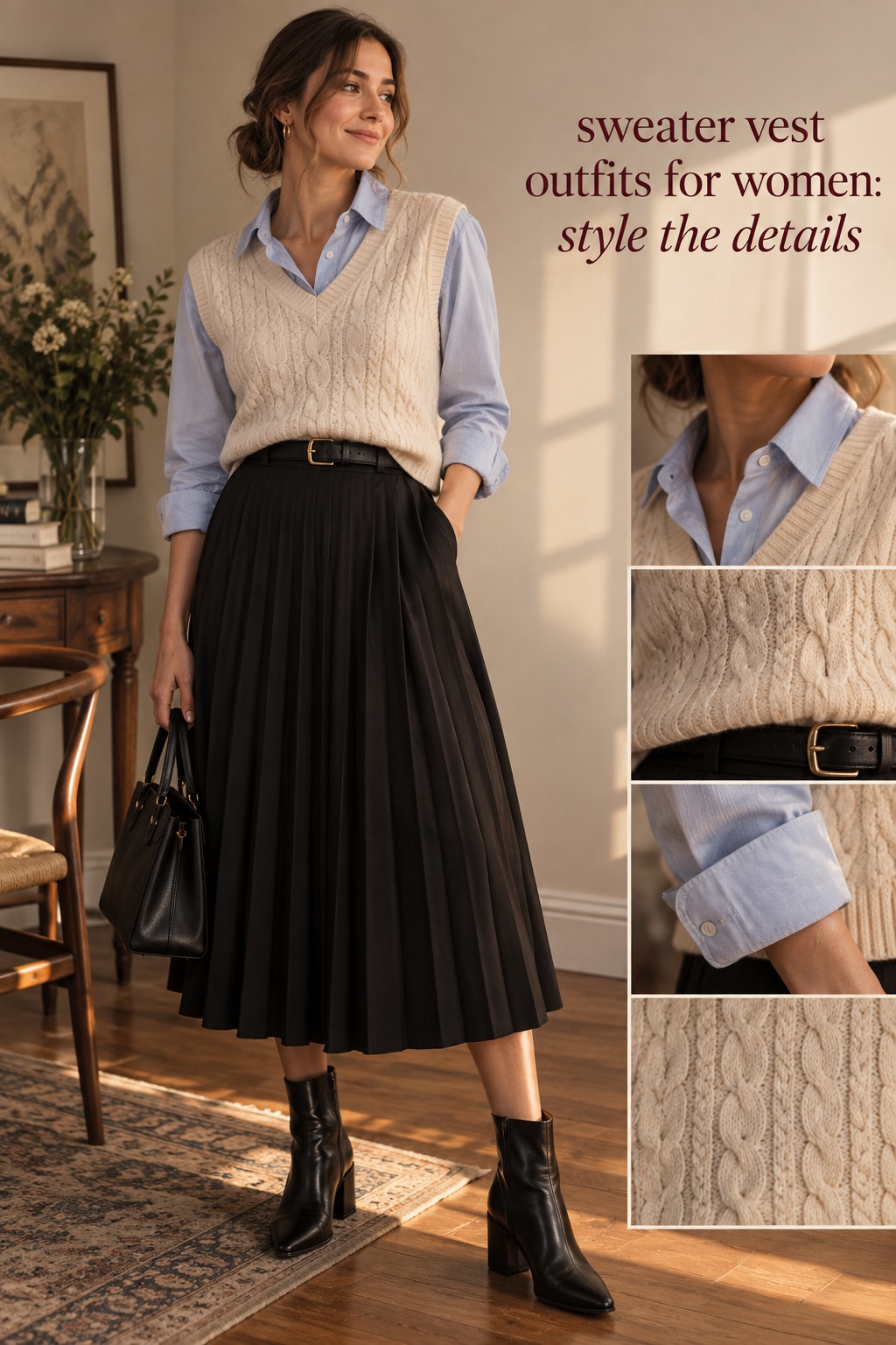 sweater vest outfits for women with cream cable knit, blue shirt, pleated skirt, and boots