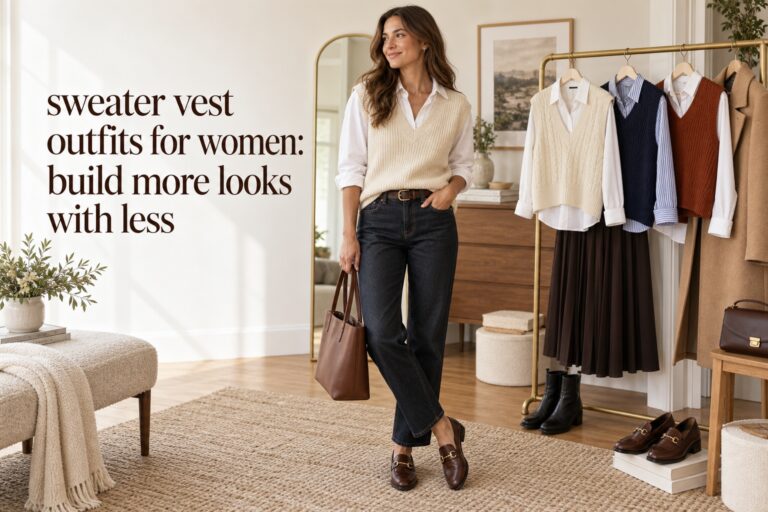 sweater vest outfits for women capsule with cream, navy, and rust vests and layered basics