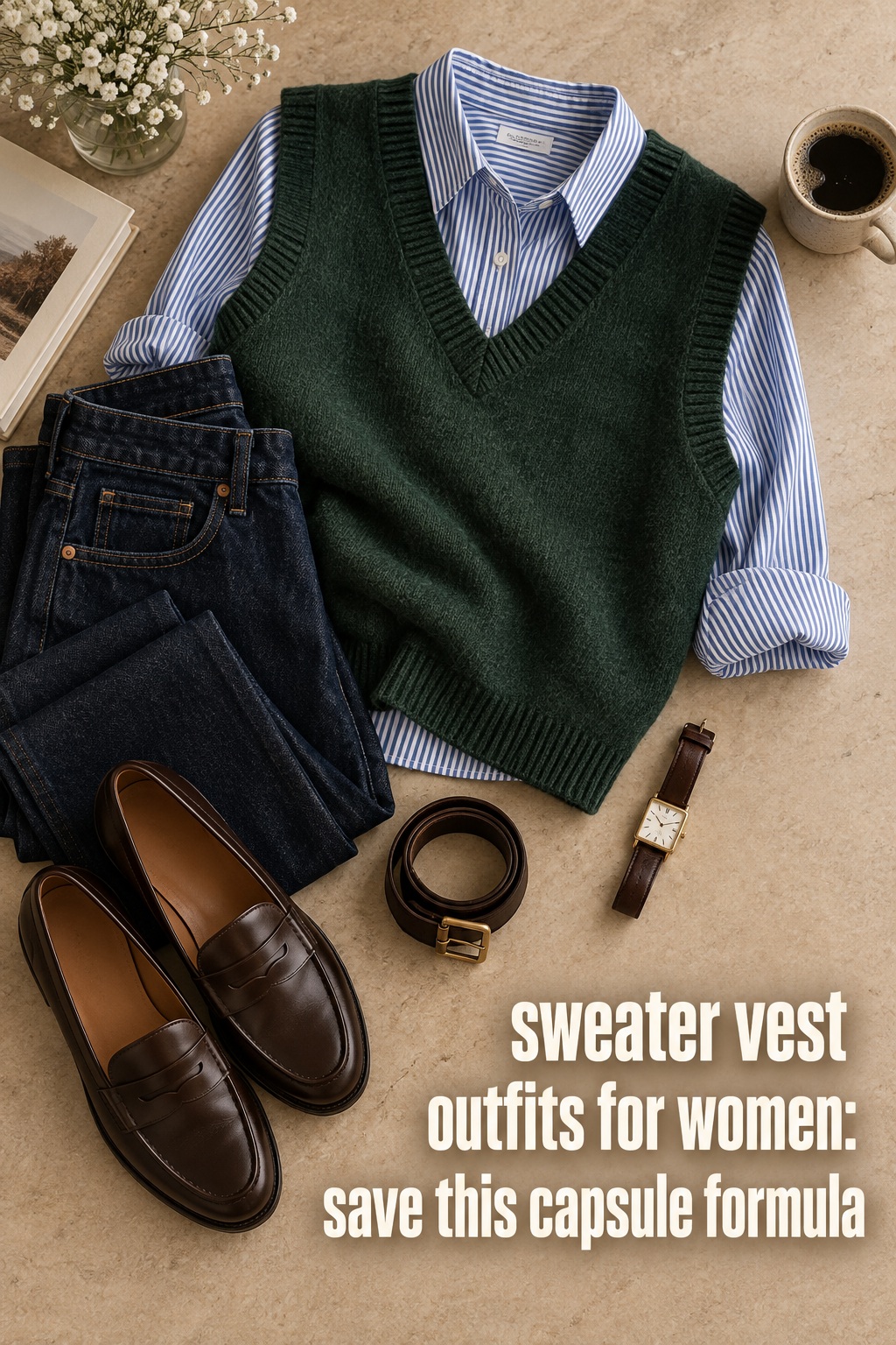 sweater vest outfits for women flat lay with green vest, striped shirt, jeans, and loafers