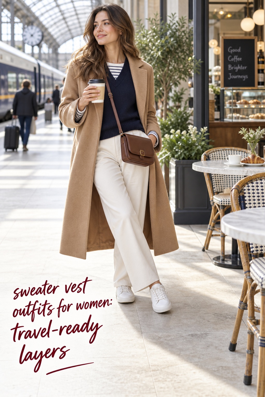 sweater vest outfits for women travel layers with navy vest, striped tee, trousers, and coat