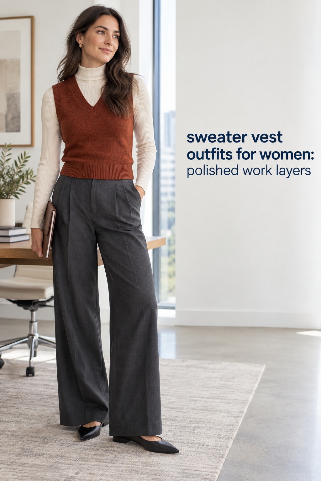 sweater vest outfits for women with rust vest, cream turtleneck, trousers, and flats