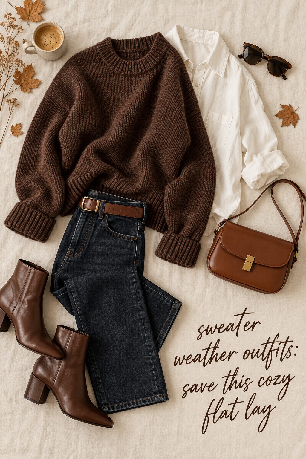 sweater weather outfits brown sweater white shirt dark jeans flat lay