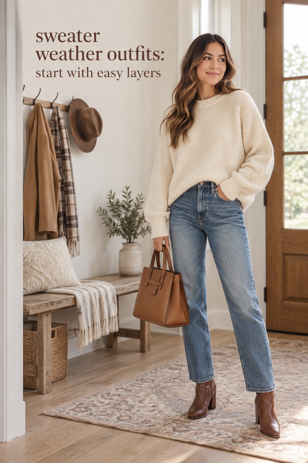 sweater weather outfits cream oversized sweater with straight jeans and brown boots