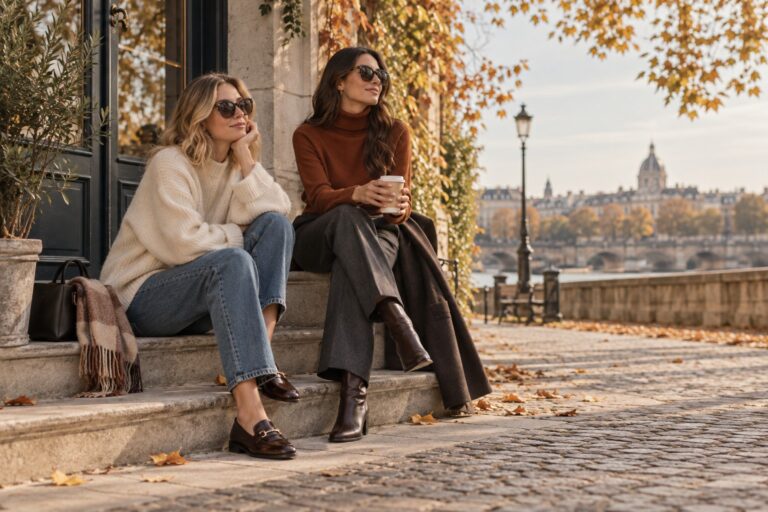 sweater weather outfits with cream sweater jeans and rust turtleneck trousers