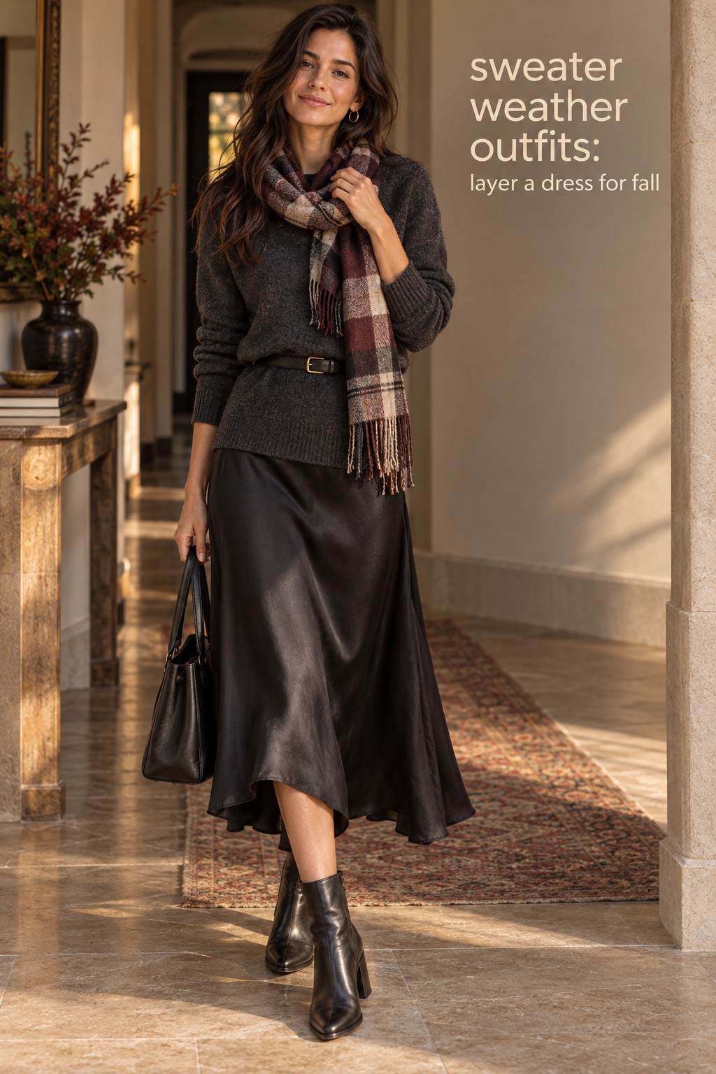 sweater weather outfits charcoal knit layered over dark slip dress