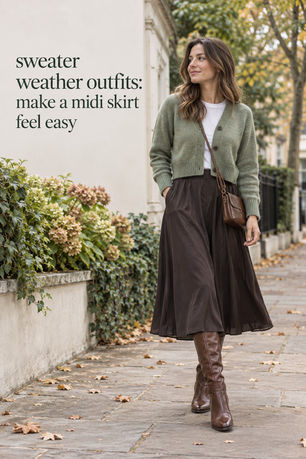 sweater weather outfits sage cardigan with dark midi skirt and boots