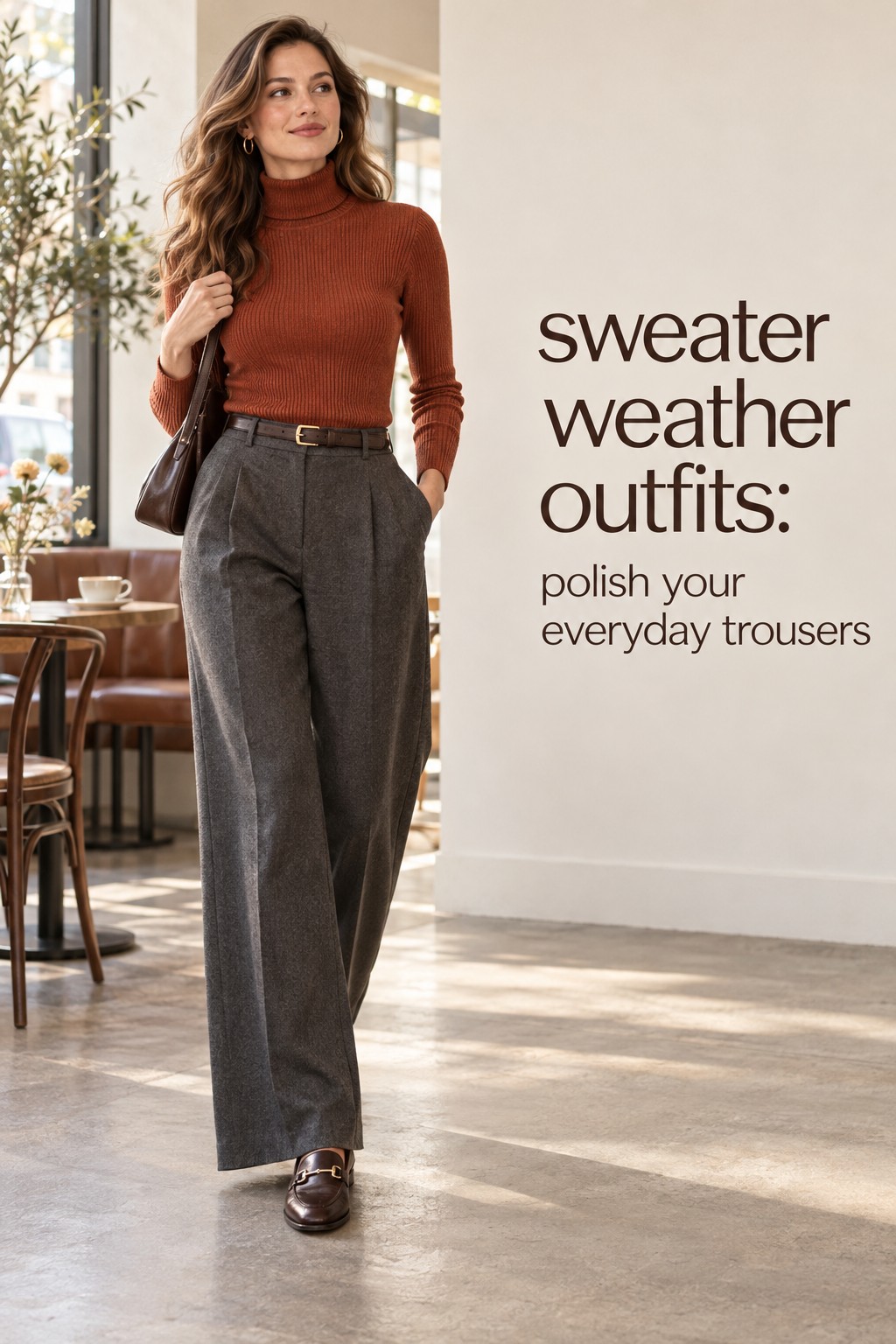 sweater weather outfits rust turtleneck with tailored charcoal trousers