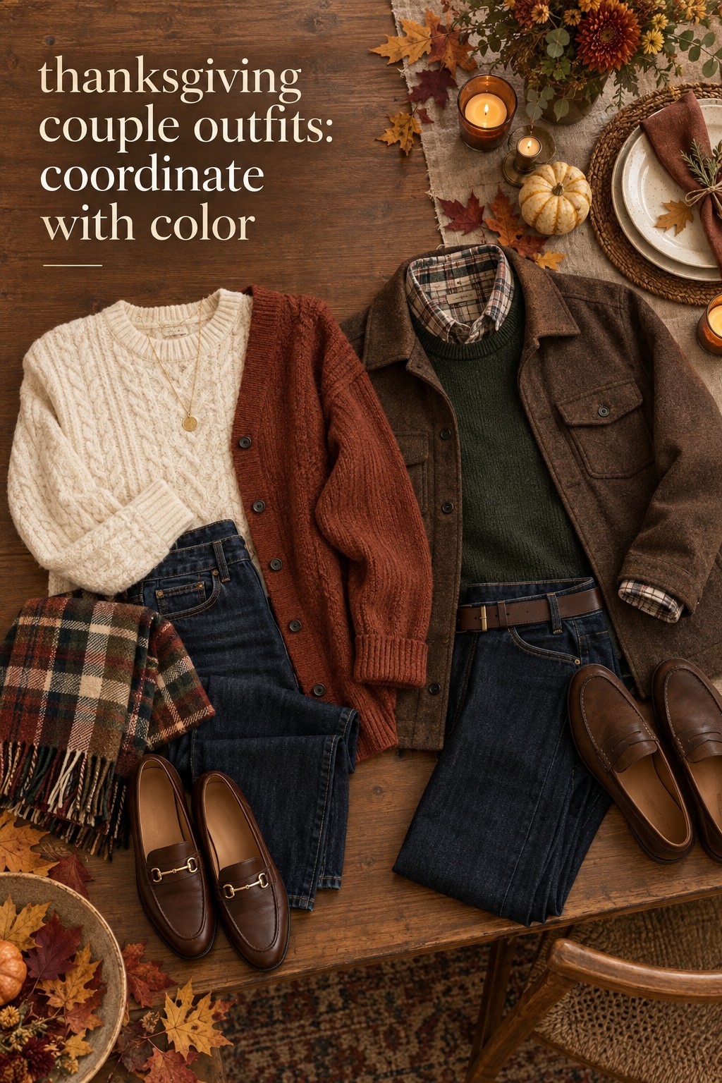 thanksgiving couple outfits in coordinated cream rust olive and denim flat lay