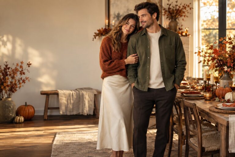 thanksgiving couple outfits in rust cream olive and dark brown beside a holiday table