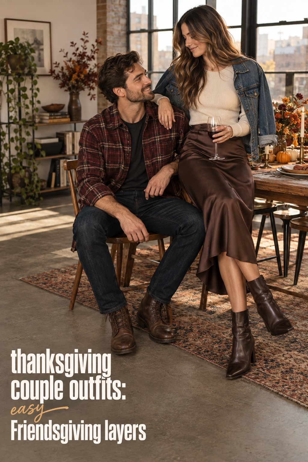 thanksgiving couple outfits with burgundy plaid denim and chocolate satin for Friendsgiving