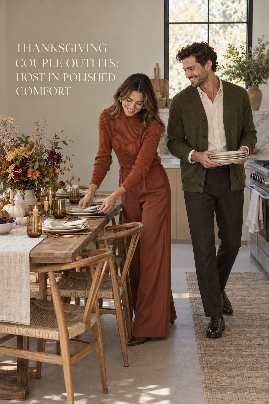 thanksgiving couple outfits for hosting in polished rust olive and cream layers