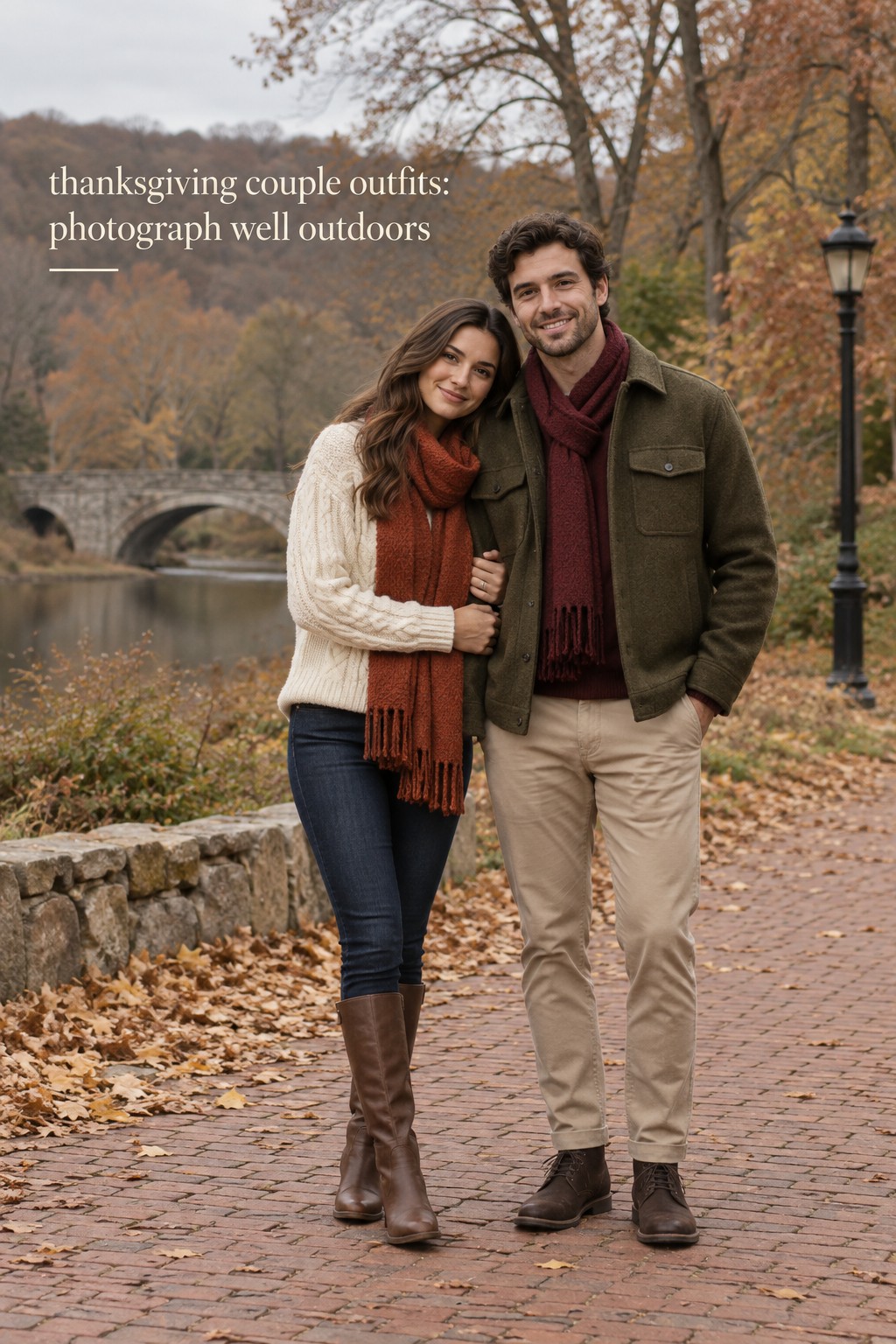 thanksgiving couple outfits for outdoor photos with cream rust olive and burgundy