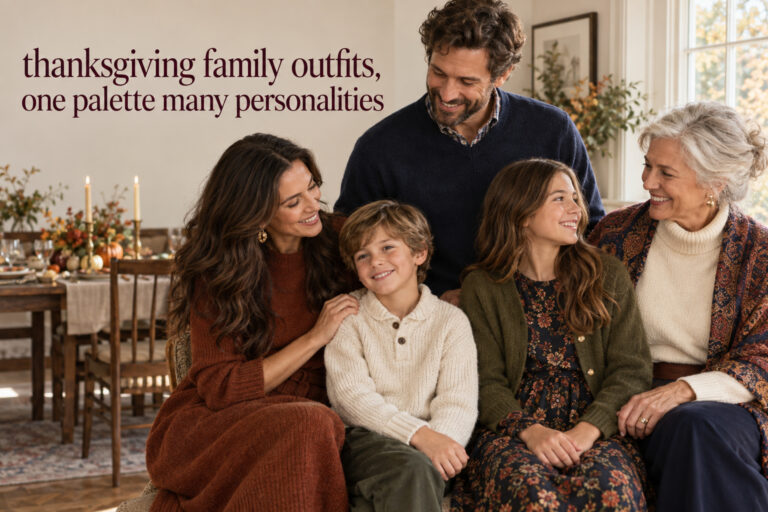 thanksgiving family outfits across generations in a coordinated cream, navy, rust, and olive palette