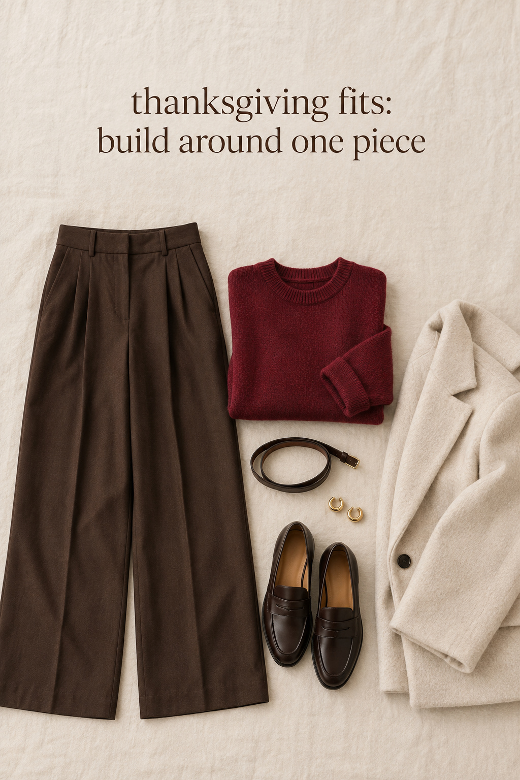 Thanksgiving fits flat lay with a cranberry knit and chocolate trousers