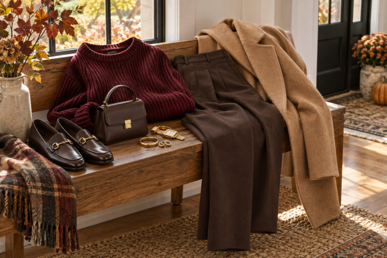 Thanksgiving fits with a cranberry knit, tailored trousers and camel coat