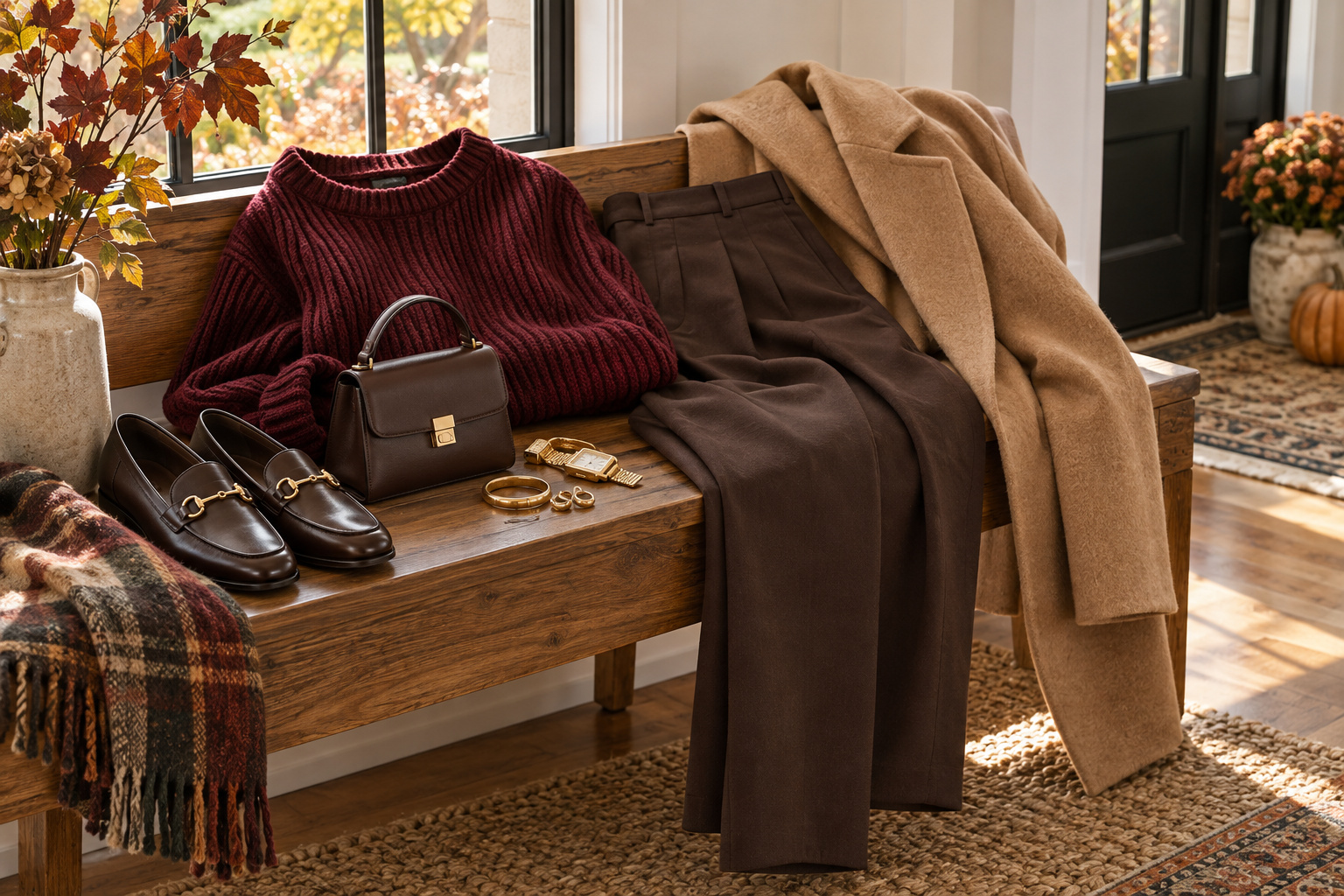 Thanksgiving fits with a cranberry knit, tailored trousers and camel coat