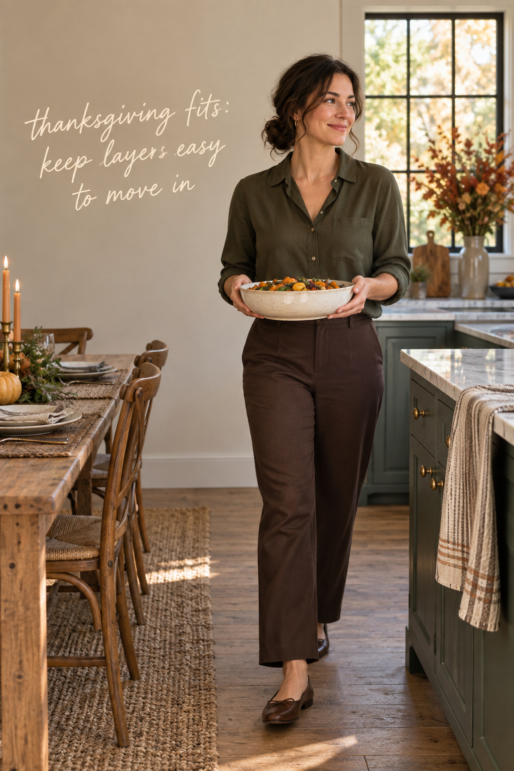 Thanksgiving fits for hosting in an olive blouse and chocolate trousers