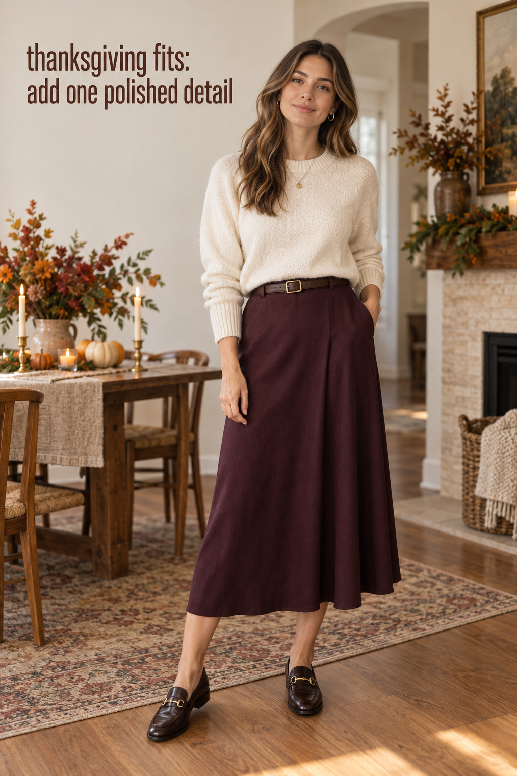 Thanksgiving fits with a cream knit, plum midi skirt, belt and loafers