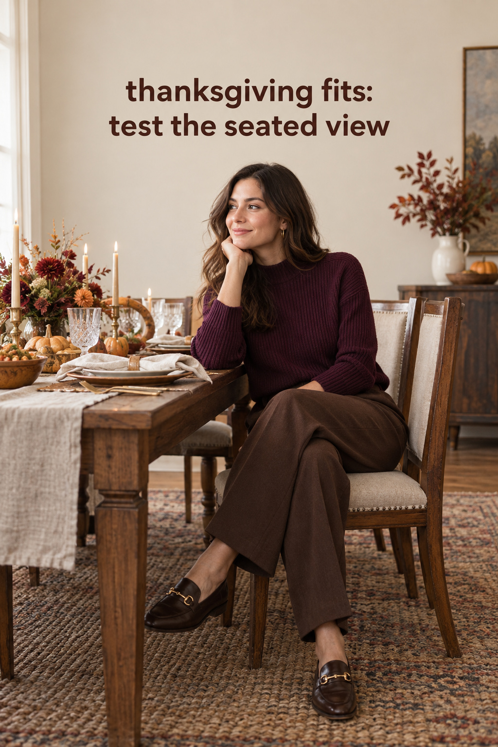 Thanksgiving fits checked while seated in a plum knit and relaxed trousers