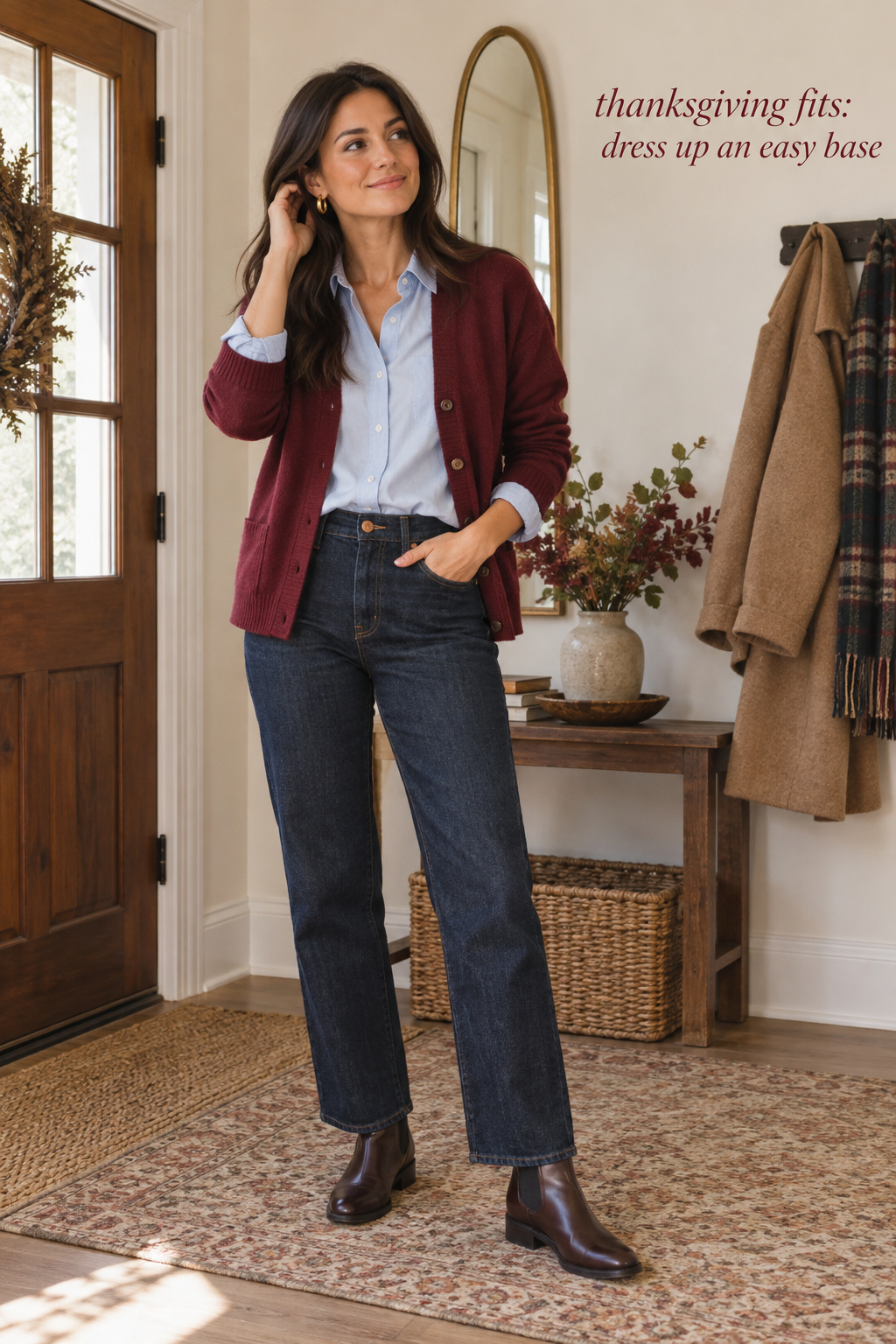 Thanksgiving fits with jeans, a blue shirt, cranberry cardigan and boots