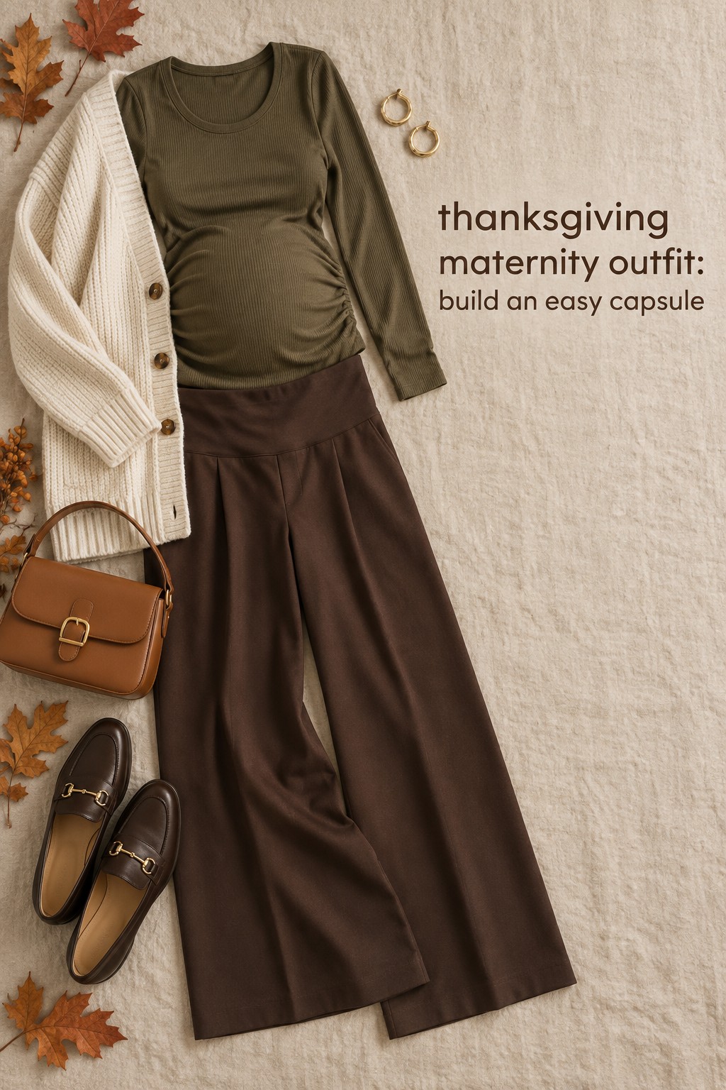 thanksgiving maternity outfit flat lay with olive top and brown trousers