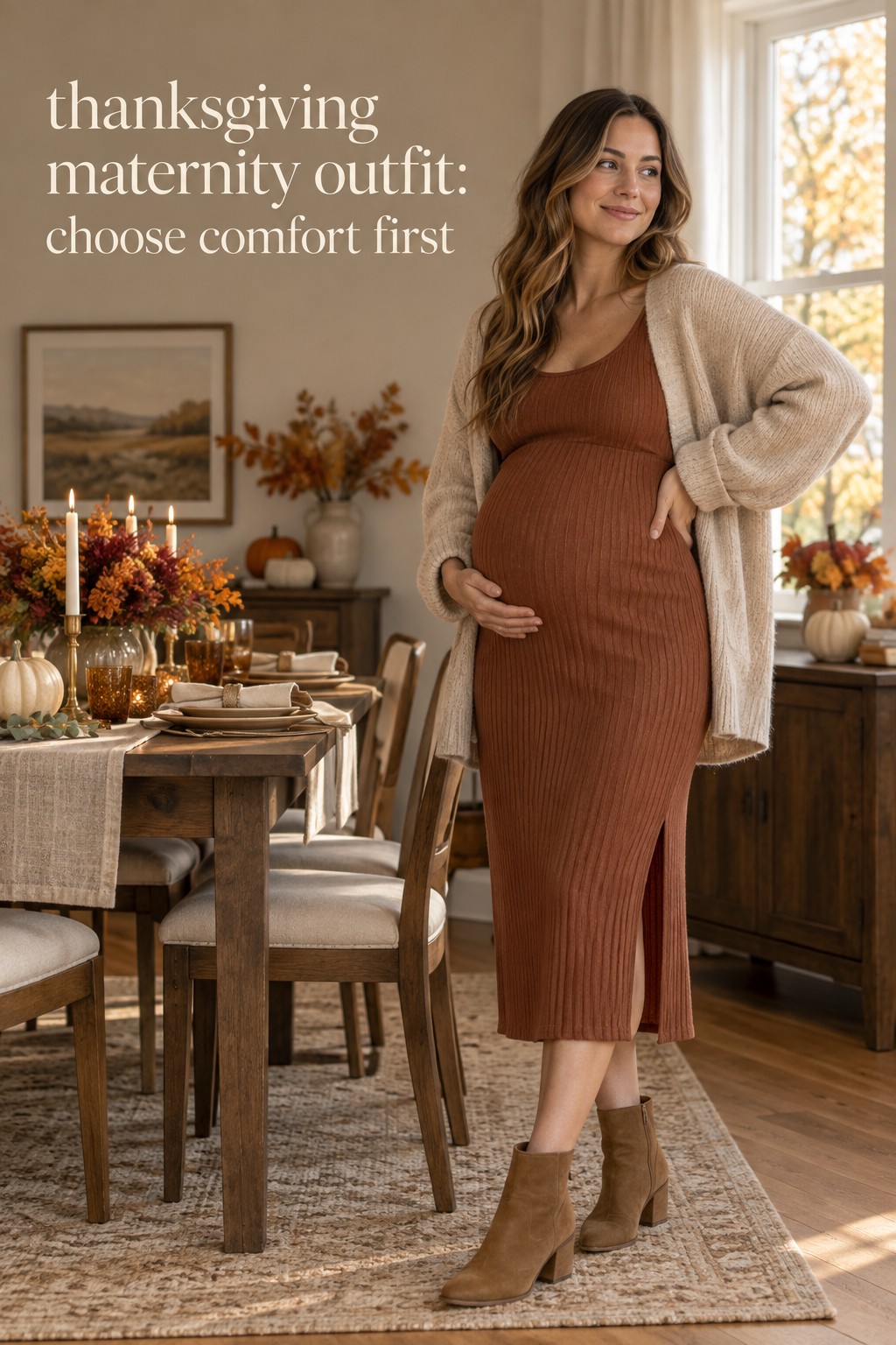 thanksgiving maternity outfit in rust ribbed dress with cream cardigan