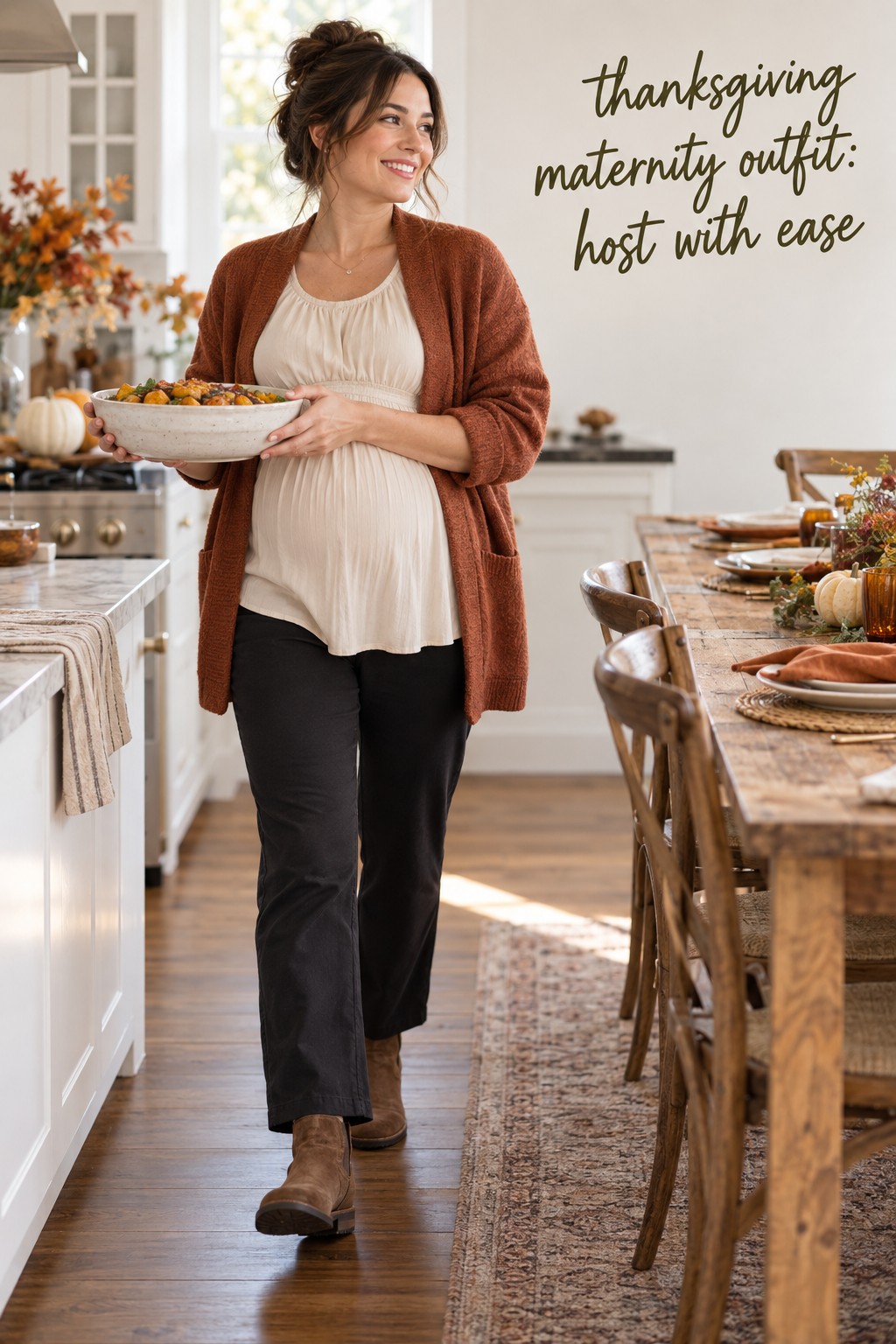 thanksgiving maternity outfit for hosting with blouse cardigan and trousers