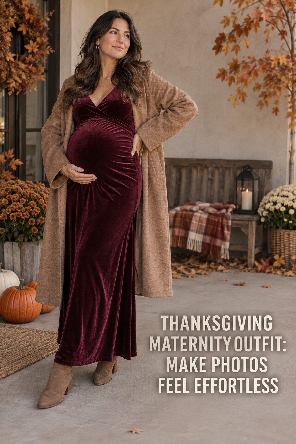 thanksgiving maternity outfit burgundy velvet dress for family photos