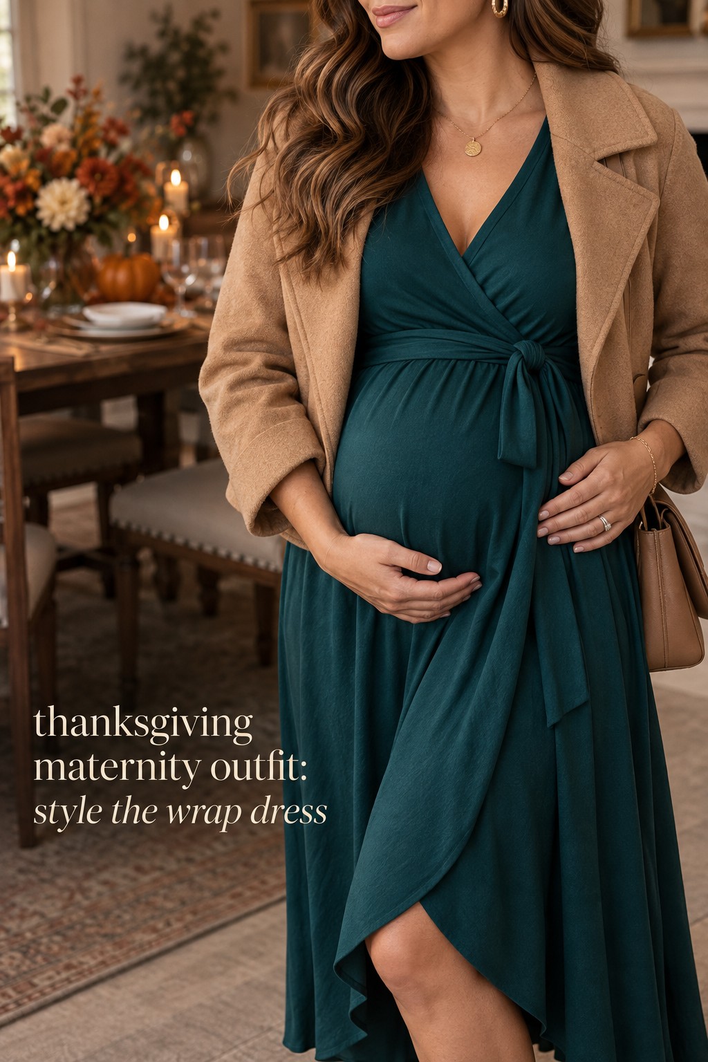 thanksgiving maternity outfit teal wrap dress with camel jacket close up