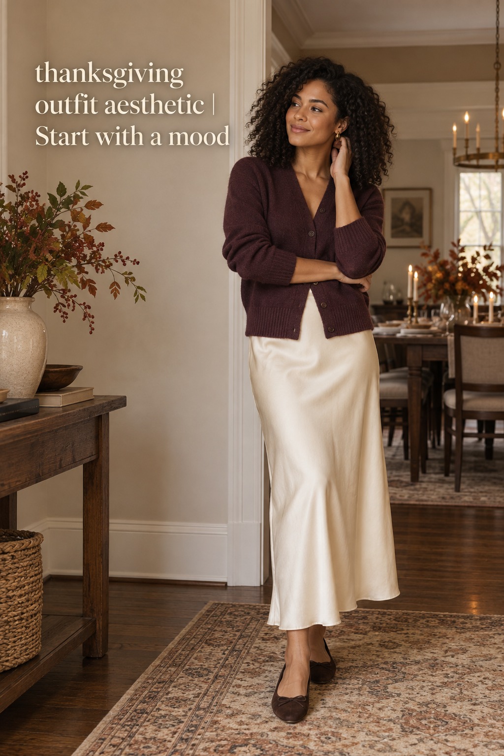 Thanksgiving outfit aesthetic with a plum cardigan and ivory skirt for dinner