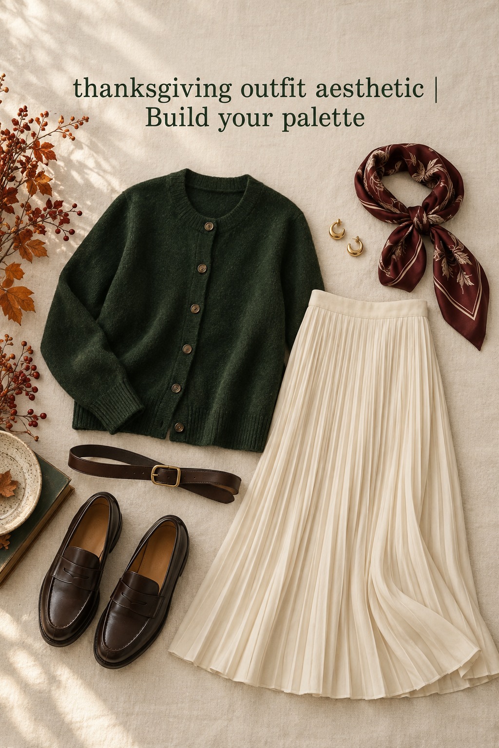 Thanksgiving outfit aesthetic flat lay with a forest cardigan, ivory skirt, and loafers