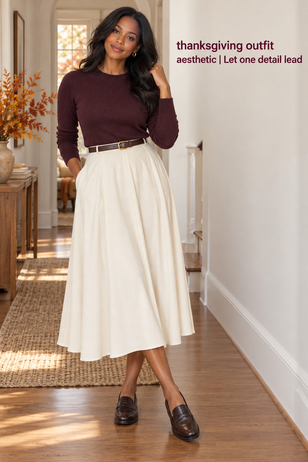 Thanksgiving outfit aesthetic with a plum knit, ivory skirt, belt, and loafers