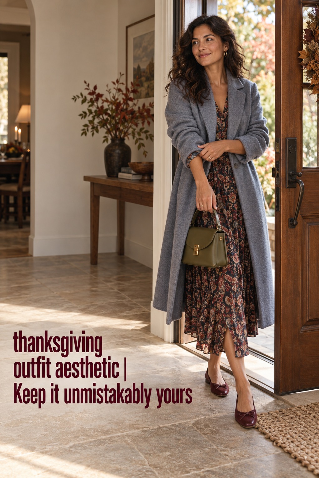 Thanksgiving outfit aesthetic in a blue-gray coat and patterned midi dress