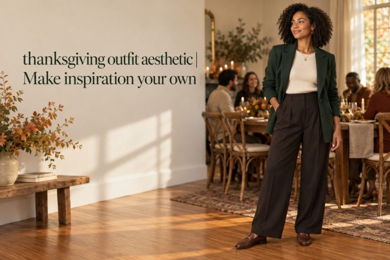 Thanksgiving outfit aesthetic with a forest jacket and relaxed tailored trousers