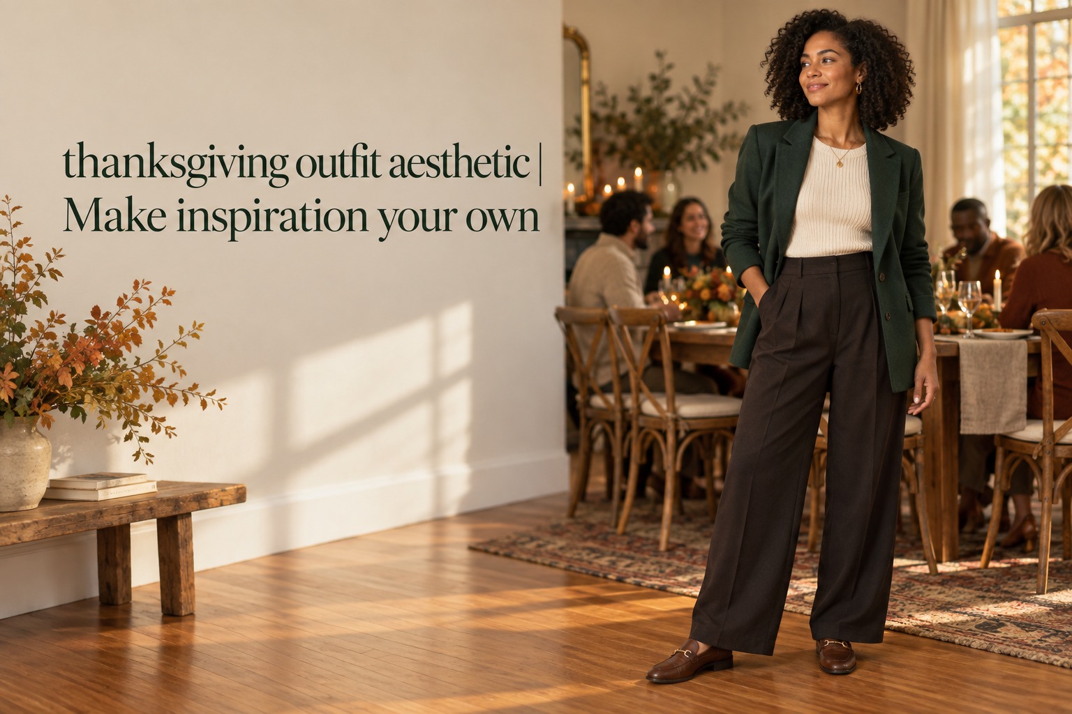 Thanksgiving outfit aesthetic with a forest jacket and relaxed tailored trousers