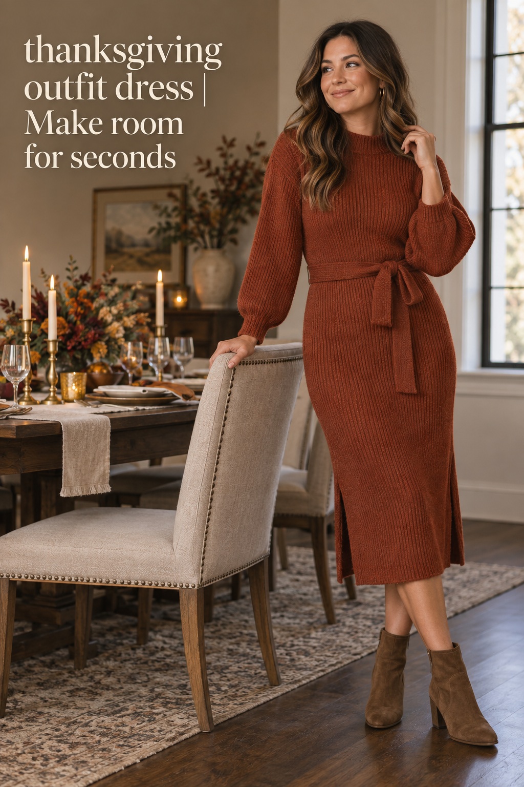 Thanksgiving outfit dress in a rust knit midi with boots beside a set dining table