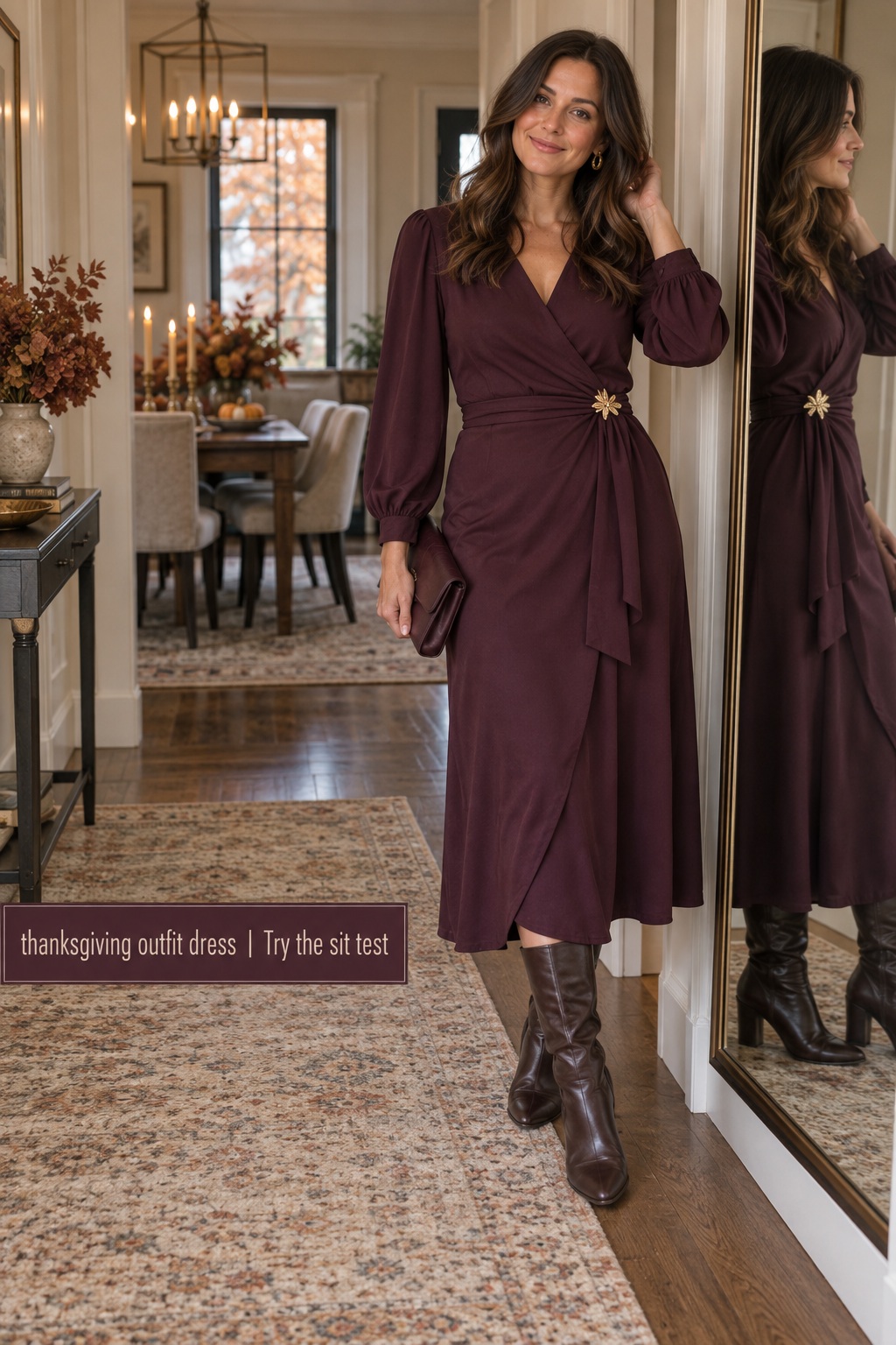 Thanksgiving outfit dress in a plum wrap midi shown full length beside a mirror