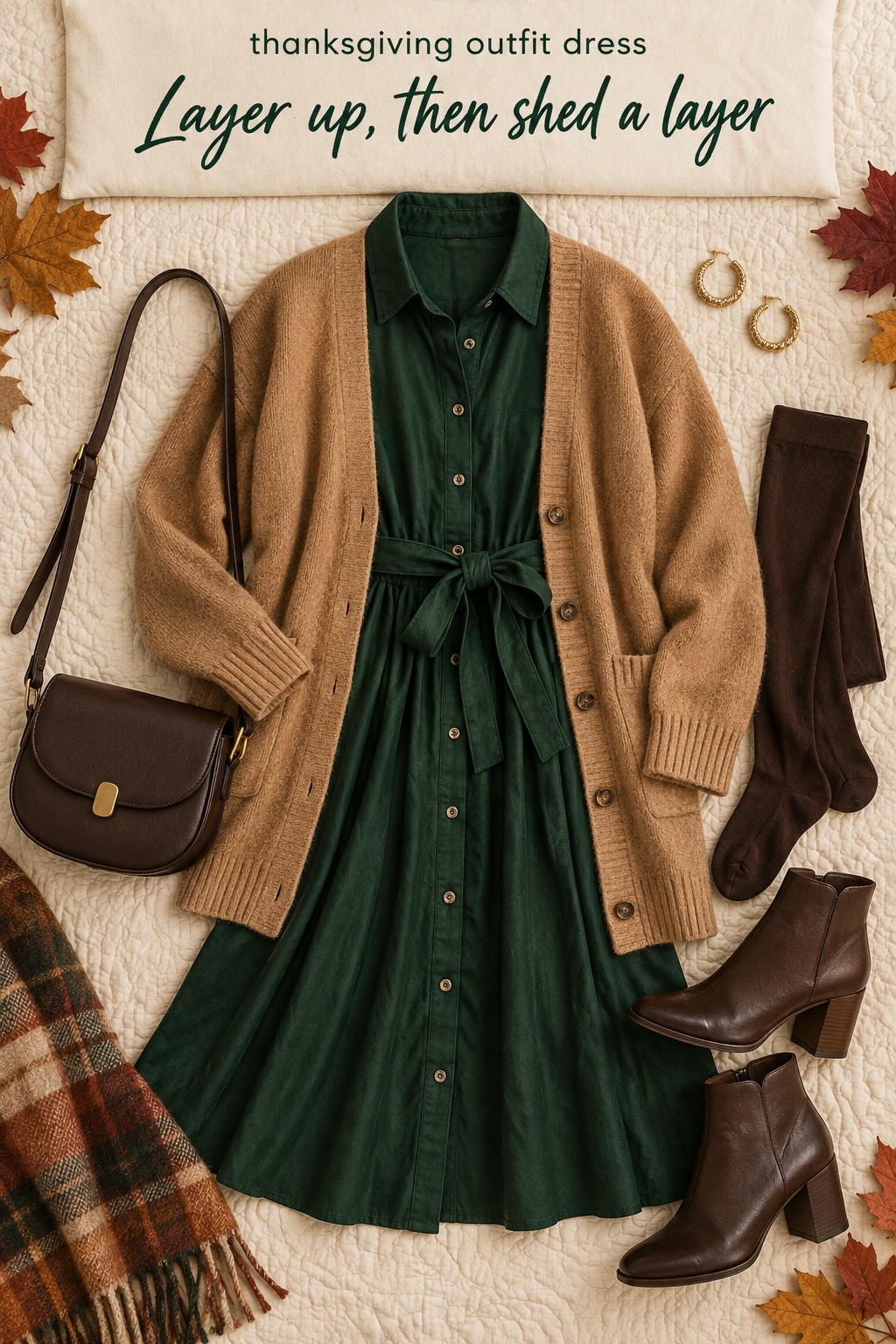 Thanksgiving outfit dress flat lay with green shirt dress, camel cardigan, boots, and tights